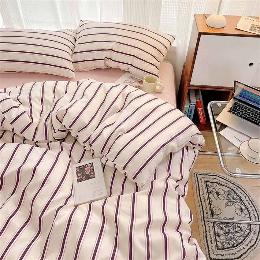 Pure Cotton Home Textile Blue Striped Bedding Set Simple Soft Duvet Cover Sheet Pillowcase Ins Style Bed Linens Queen King Size 3