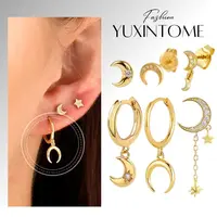 925 Sterling Silver Needle Star Moon Pendant Hoop Earrings Fashion Zircon Piercing Stud Earrings for Women Party Fine Jewelry