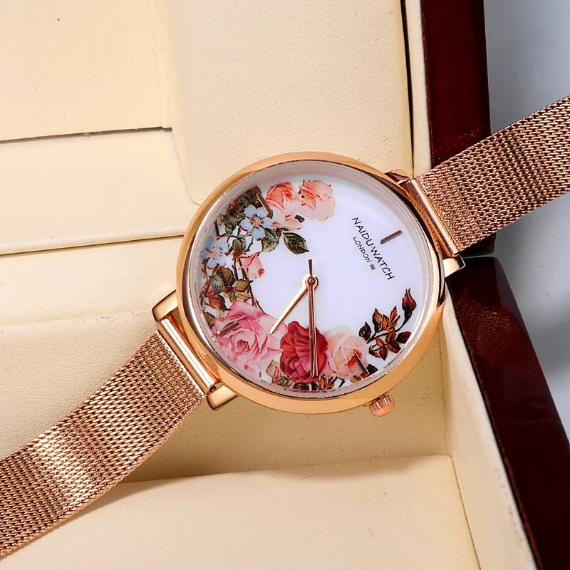 Retro Versatile Creative Women's Quartz Watch Large Dial Flower Pattern Vintage Stainless Steel Mesh Band Bracelet Watches