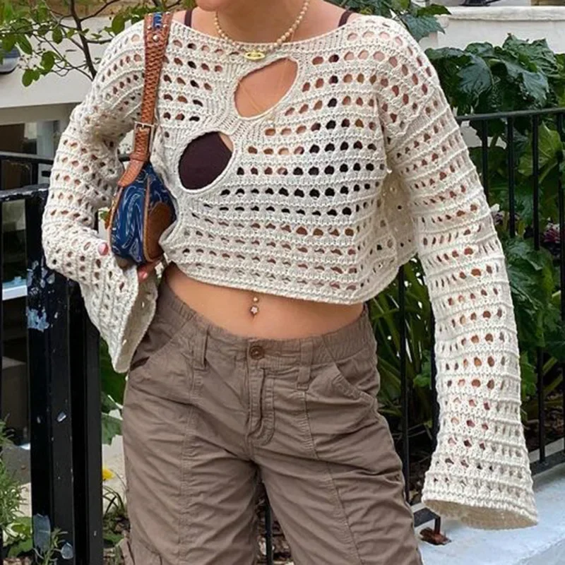 

Elegant Tops for Women Casual Hole Openwork Solid Color Smock Hot Girl Sexy Style Slim Navel Bottoming Fashion Long Sleeves