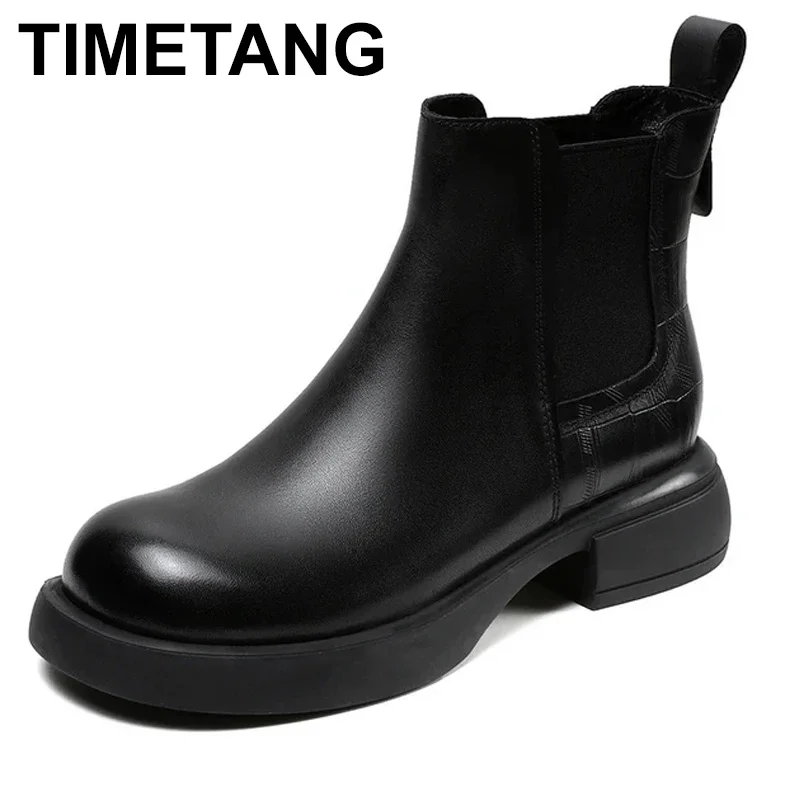 

Chelsea Boots Vintage Elastic Round Toe High Quality Real Leather Women Shoes Black Brown Mid Heels Ankle Boots For Lady