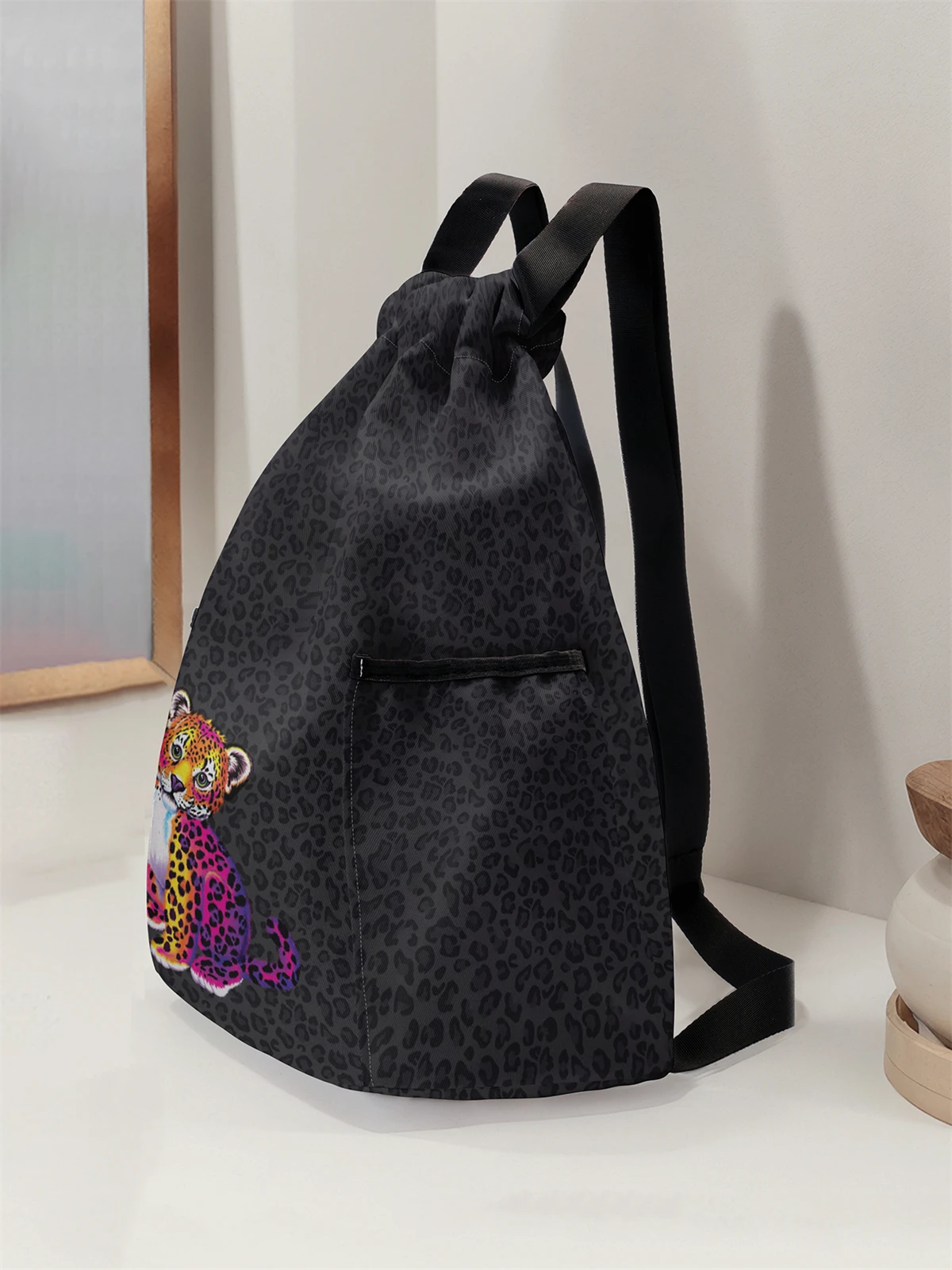 Leopard Pattern Drawstring Backpack - Large Capacity Durable Fitness Bag, Adjustable Shoulder Straps, Sports Beach Backpack