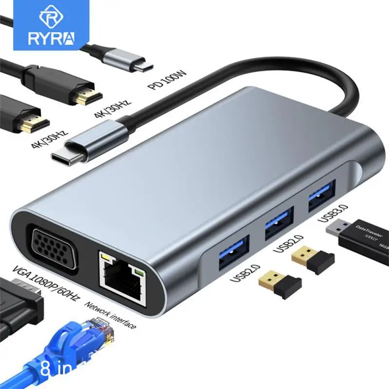

RYRA 8 In 1 USB C HUB Type C To RJ45 HDMI-compatible Adapter PD Charge USB 3.0 2.0 HUB VGA Splitter Docking Station Type C Hub