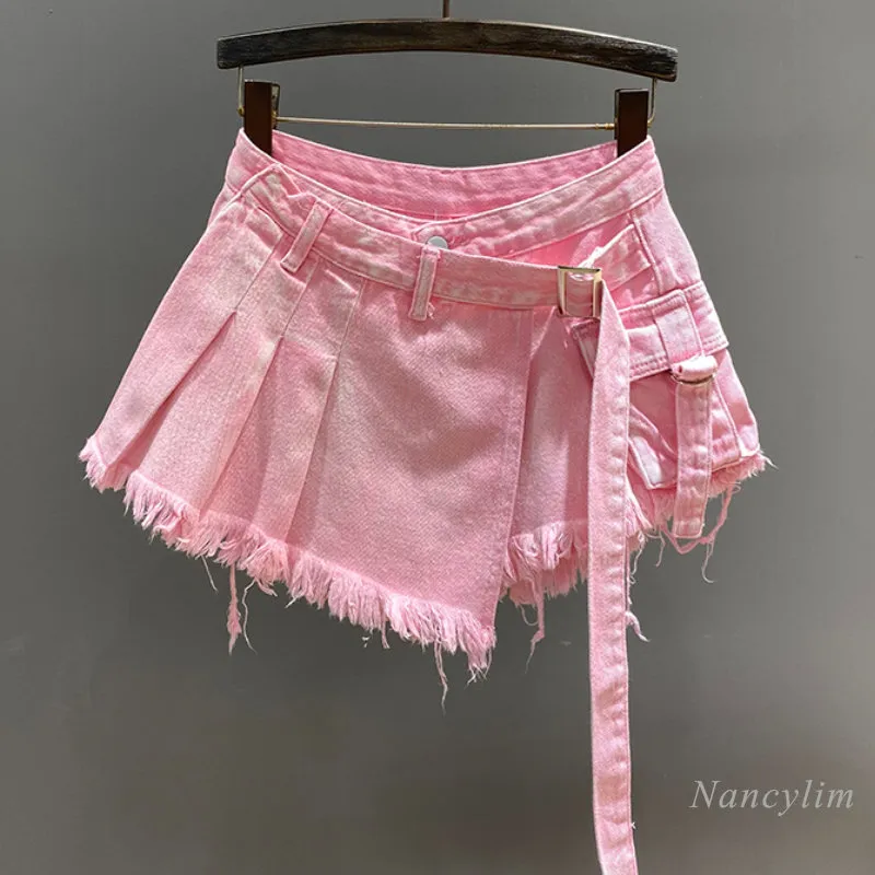 Irregular Pink Denim Skirt Women's Summer High Waist Slimming False Two-Piece A- Line Workwear Short Mini Skirts 2023 2023 new workwear korean edition strap pants for women summer purple casual pants for small guy academy style age reduction