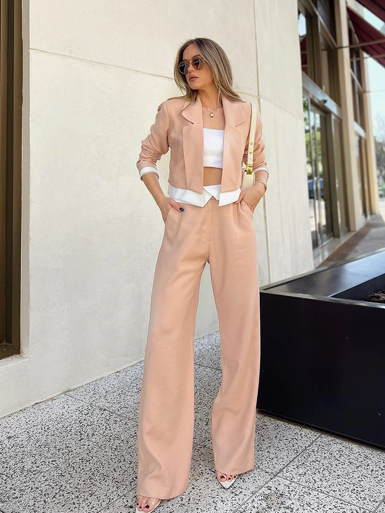 

2024 New Short Long Sleeved Spliced Blazer Jacket+High Waist Loose Wide Leg Pants Suit Female Fashion Streetwear Two Piece Set