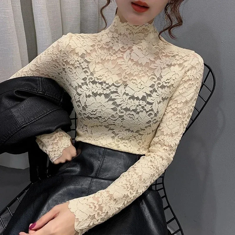 Lace Turtleneck Long Sleeve T-Shirt Female Thin Black See Through