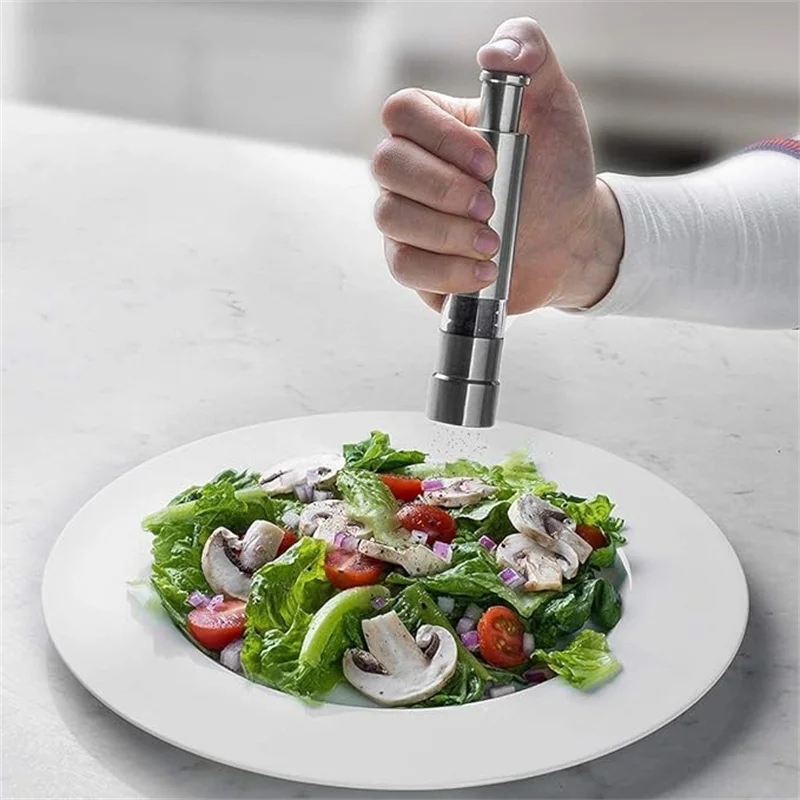 Salt Pepper Grinders With Push Button Tops Stainless Steel Base And Rod One Handed Salt And Pepper Mill Kitchen Cooking Gadgets