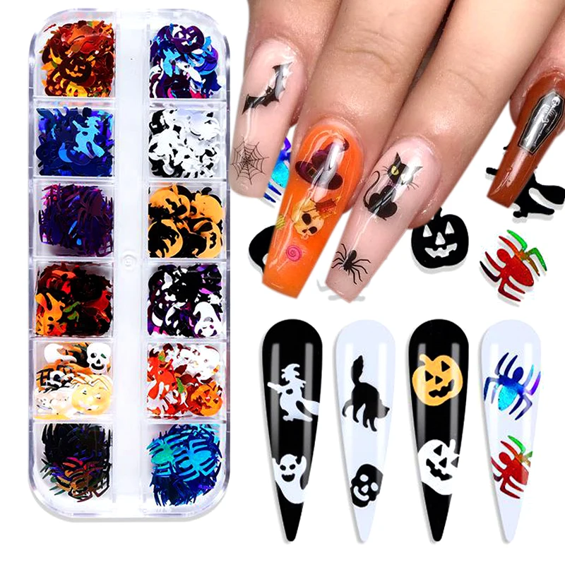 

Halloween Nail Charms Glitter Nail Sequins Nail Art Jewelry 3D Skull Spider Pumpkin Witch Ghost Nail Decoration Accessories