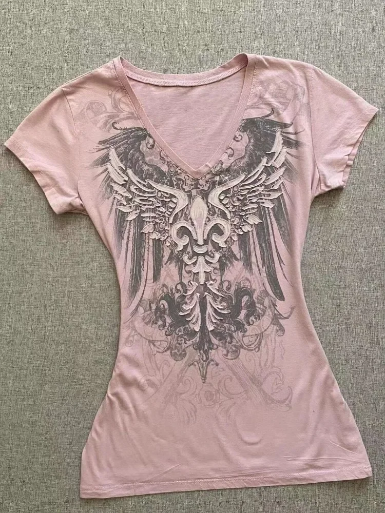 HOUZHOU Y2k Harajuku Graphic Women T-shirts Vintage Pink Gothic Printed Tshirts Short Sleeve Tees American Retro 2000s Aesthetic 1