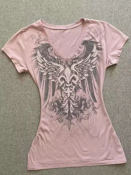 HOUZHOU Y2k Harajuku Graphic Women T-shirts Vintage Pink Gothic Printed Tshirts Short Sleeve Tees American Retro 2000s Aesthetic 1