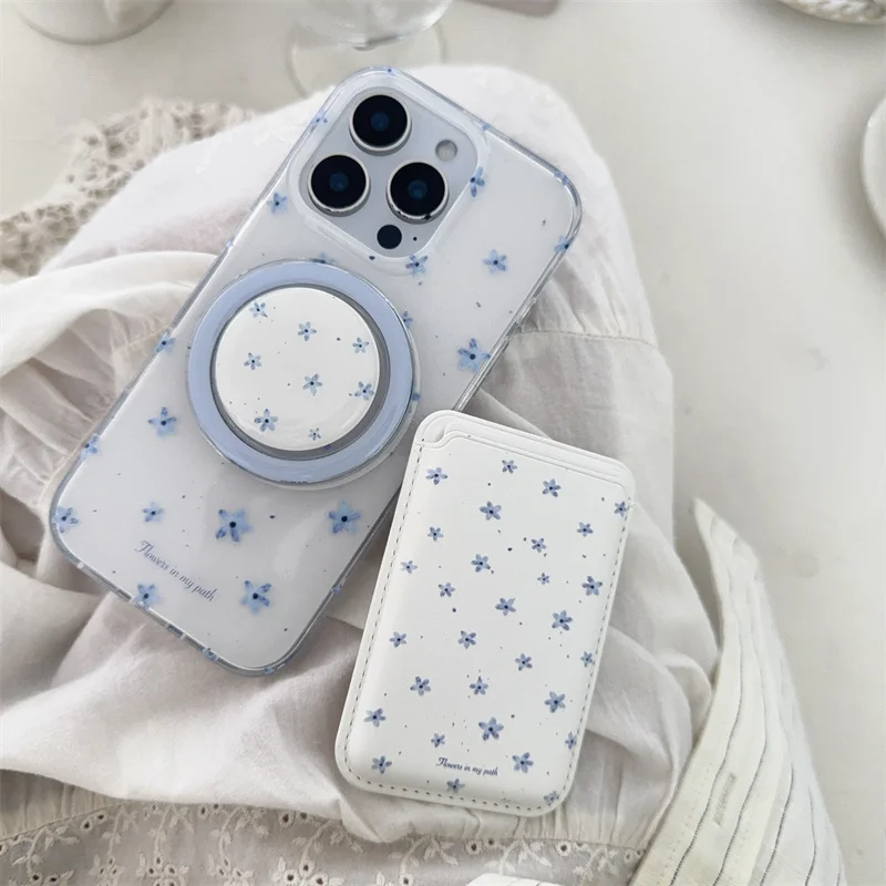 Korean Ins Flower Magnetic Stand Phone Case with Magsafe Card Holder