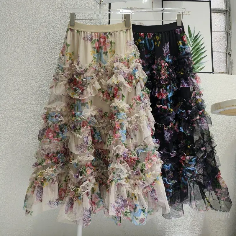 Irregular Stitching Color Flower Mesh Skirt Women's 2023 Summer French Style Fairy Temperamental A- Line Long Skirts Street