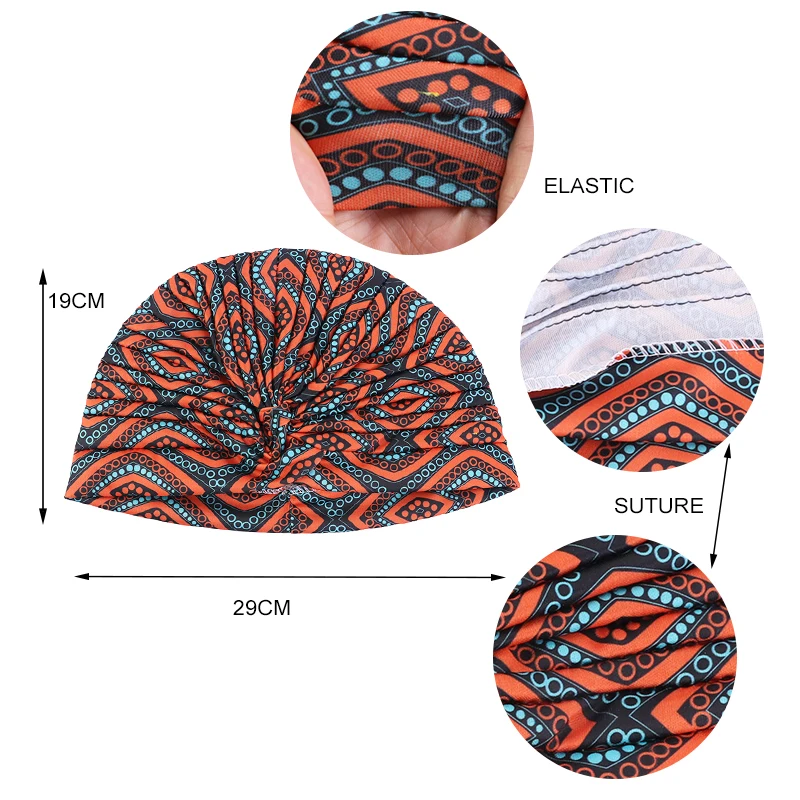 Neue Frauen Gedruckt knoten turban Indische Muslimischen Headwraps Chemo Kappe Hijab Beanie Motorhaube Kopf Wrap Bandanas Haarausfall Kopftuch – Detail 1