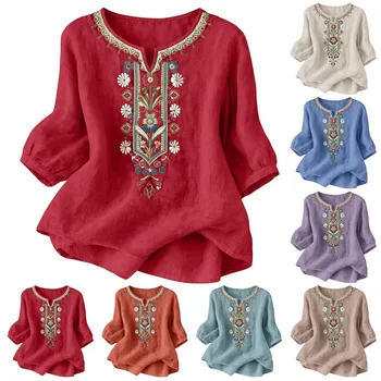 Bohemian Embroidery Cotton Linen Shirts For Women Vintage Summer Loose 3/4 Sleeve Blouses Tops Casual Spring Summer Outfits