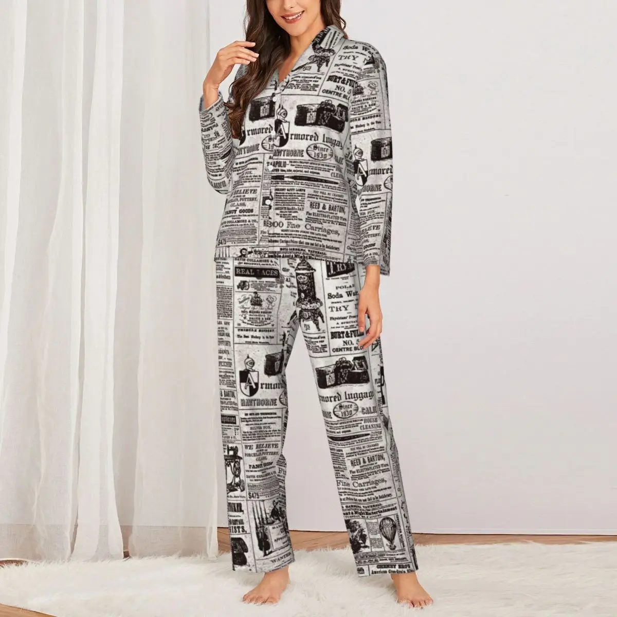 

Пижама женская с принтом газета, повседневная одежда для сна, свободный пижамный комплект из двух предметов с винтажным принтом, модный домашний костюм оверсайз с длинными рукавами