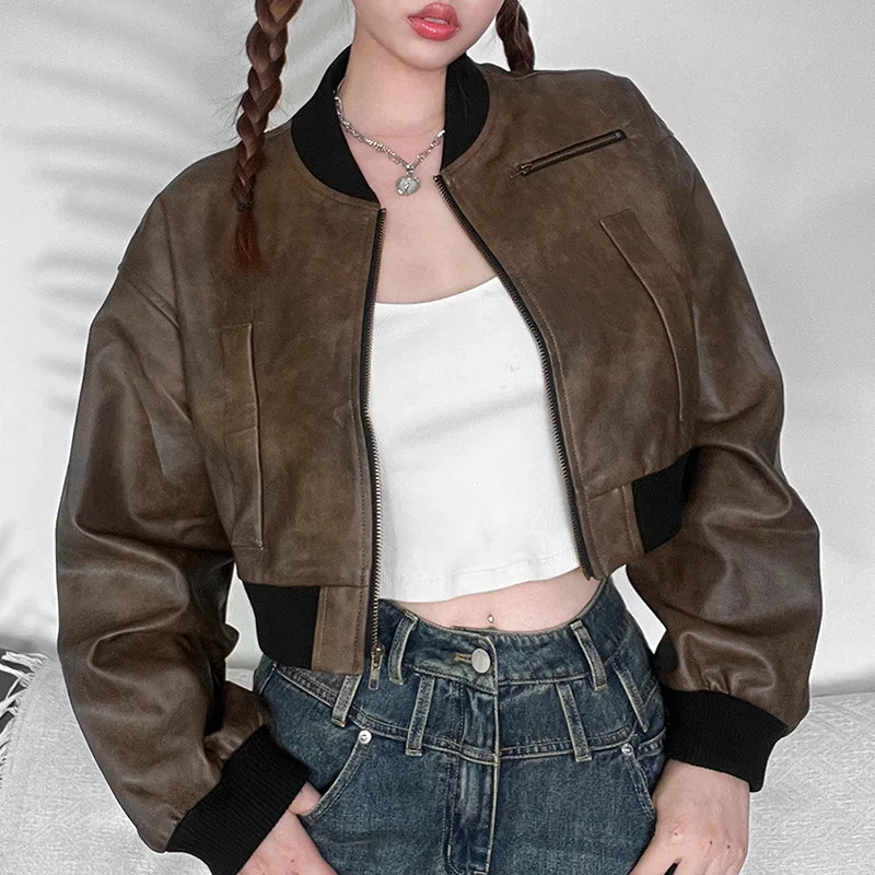 

Autumn New Personalized Versatile Zipper Cardigan Leather Coat Women's Long Sleeve Short Loose Jacket