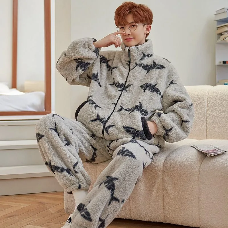 

2023 New Coral Velvet Pajamas Men Autumn and Winter Loungewear Plus Fleece Thick Warm Sleepwear Youth Flannel Homewear Suit