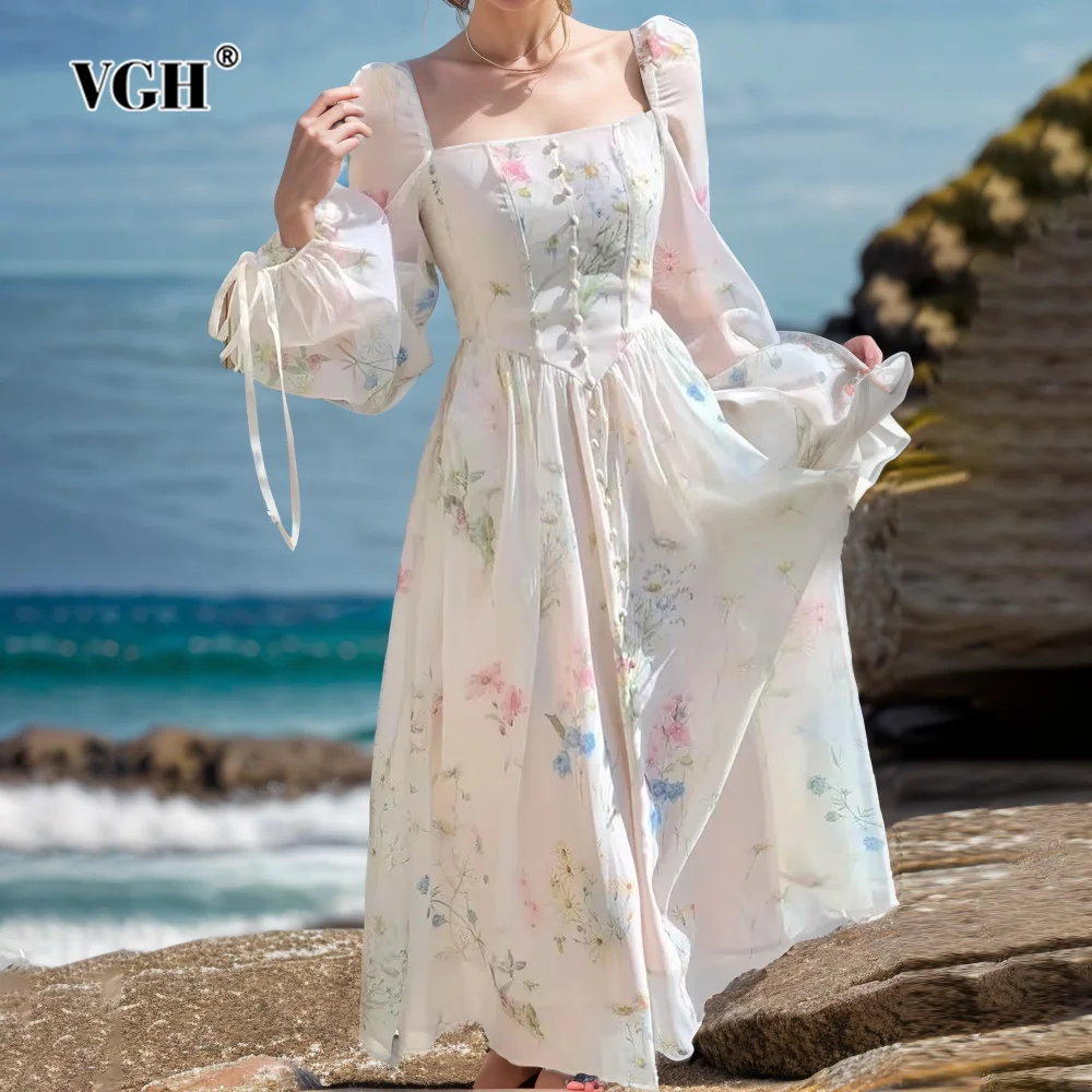 

VGH Hit Color Printing Patchwork Lace Up Long Dresses Women Square Collar Puff Sleeve Backless High Waist Elegant Dress Female