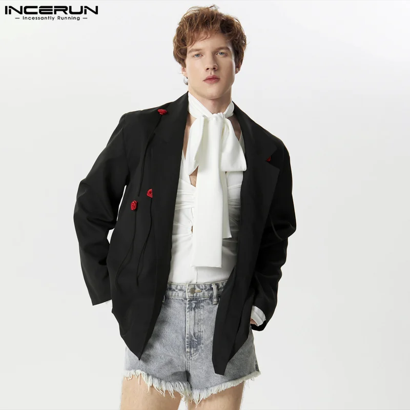 

Fashion New Men Splicing Rose Decoration Suit Coats Casual Party Shows Male Long Sleeved Cardigan Blazer S-5XL INCERUN Tops 2024