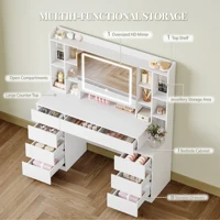 Туалетный столик с зеркалом, большое зеркало, туалетный столик с 8 ящиками и 11 открытыми отделениями, встроенная полка для ювелирных изделий. — изображение 4