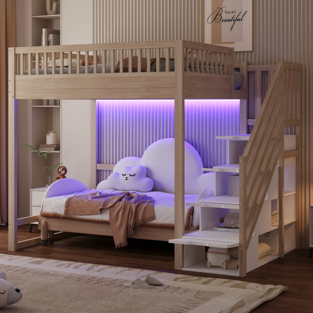 Holz-Etagenbett für Kinder 90x200cm Holzbettgestell mit LED-Lichtleiste Beidseitig Abnehmbare Sicherheitsgeländer Sicheres Kinderbett – Detail 20