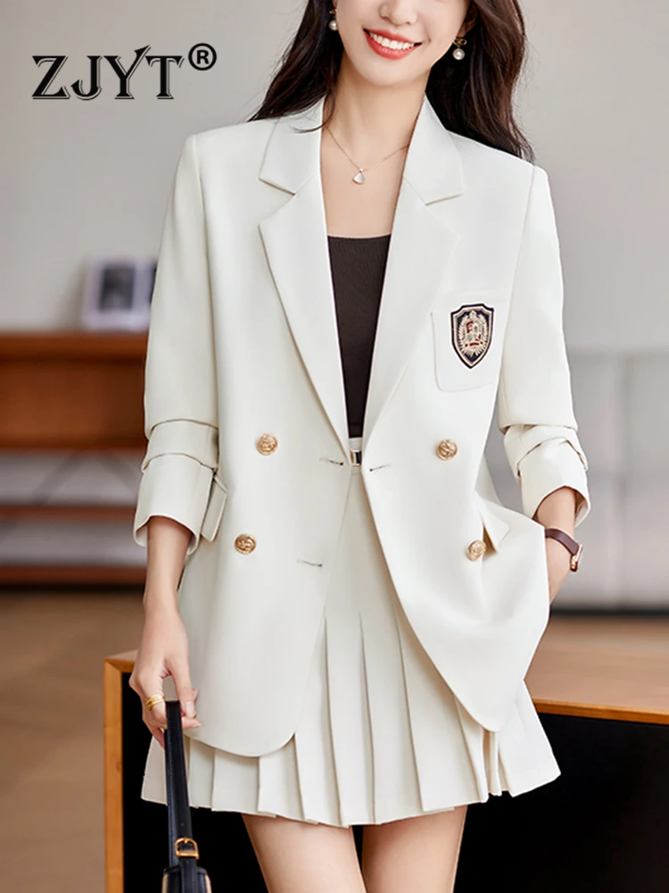 ZJYT Autumn Elegant Blazer Suits Mini Pleated Skirt Two Piece for Women 2023 Preppy Style White Black Outfit Office Dress Sets