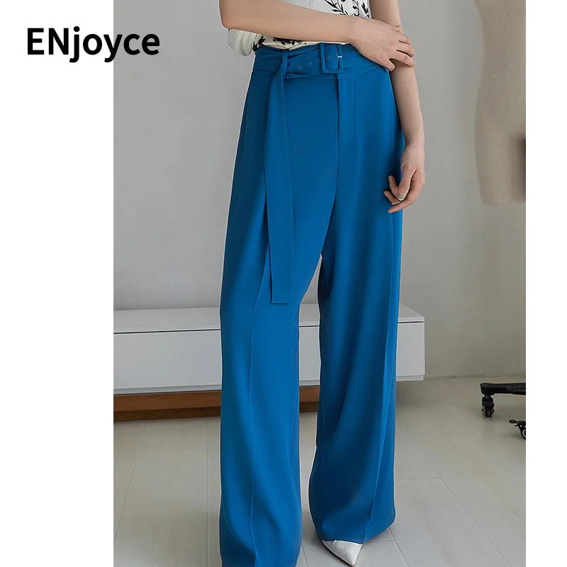 

Spring Summer Women Wide Leg Blue Suit Pants Workwear Korean Style Casual Loose High Waist Straight Long Trousers