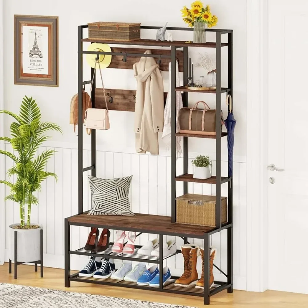 

Clothing and hat rack, 5-in-1 reversible entrance bench, with clothes and hat hook, with shelves and metal clothes and hat rack