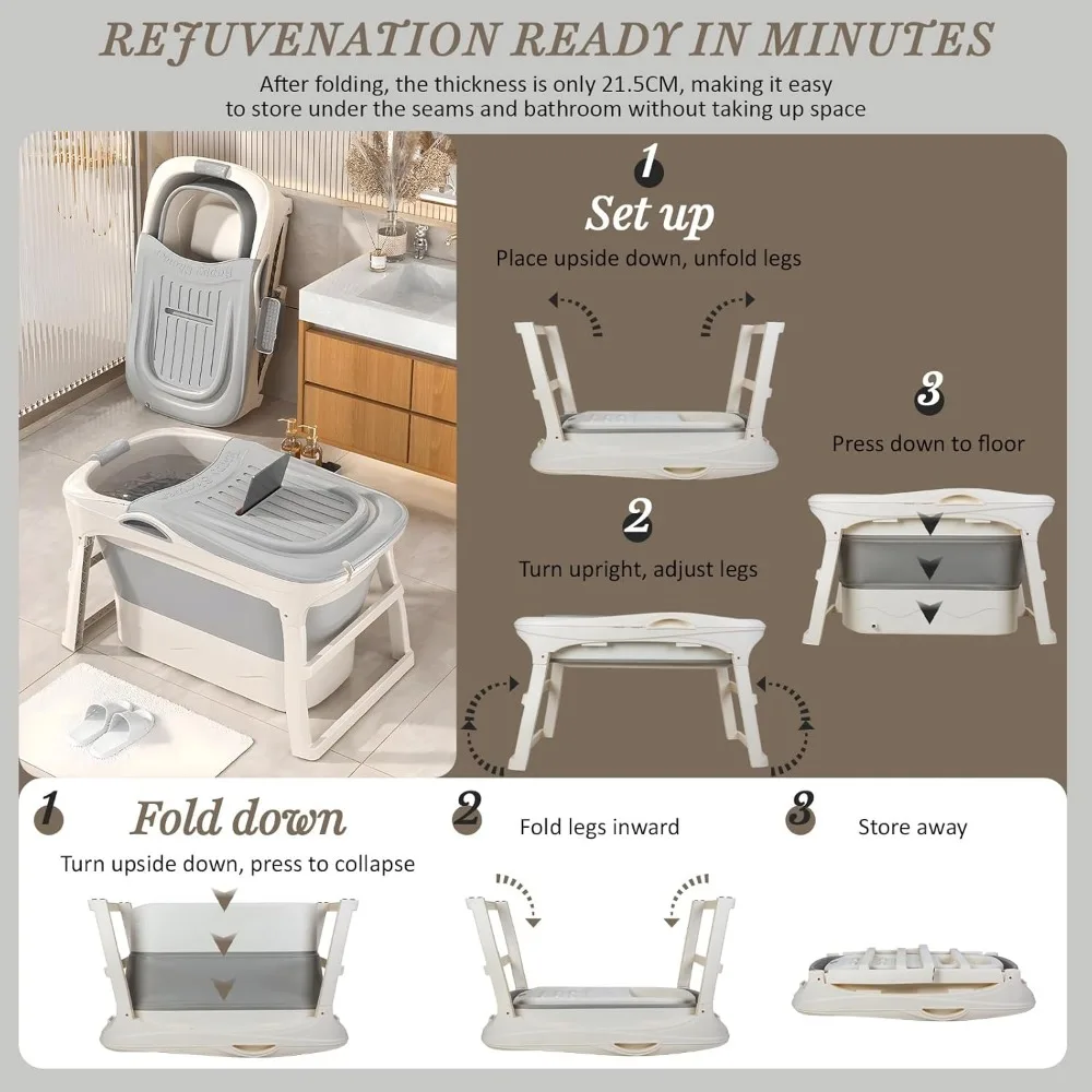Adult Folding Bathtub Collapsible Portable Tub Small Foldable Tub with Thermal Cover & Massage Roller, Large Freestanding Surrou