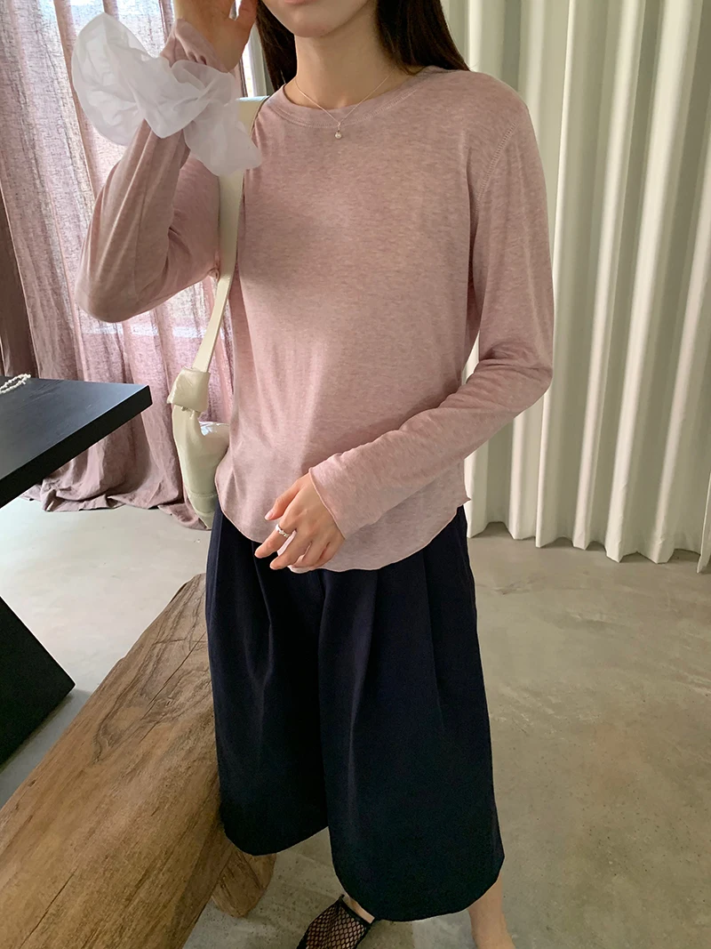 Spring women's casual solid color round neck long sleeved T-shirt 3