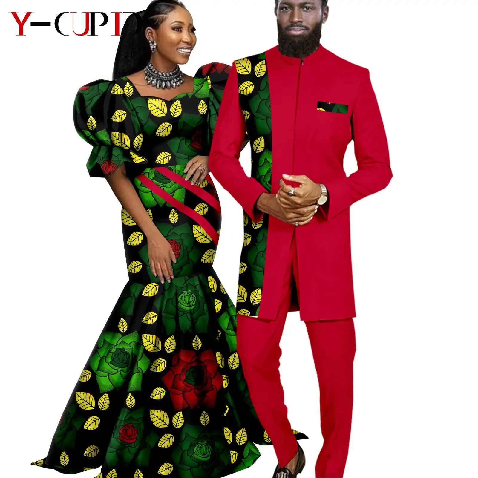 Women Print Dresses Dashiki African Outfits Couple Matching Clothes for Wedding Bazin Men Suits Jacket and Pant Sets Y23C111