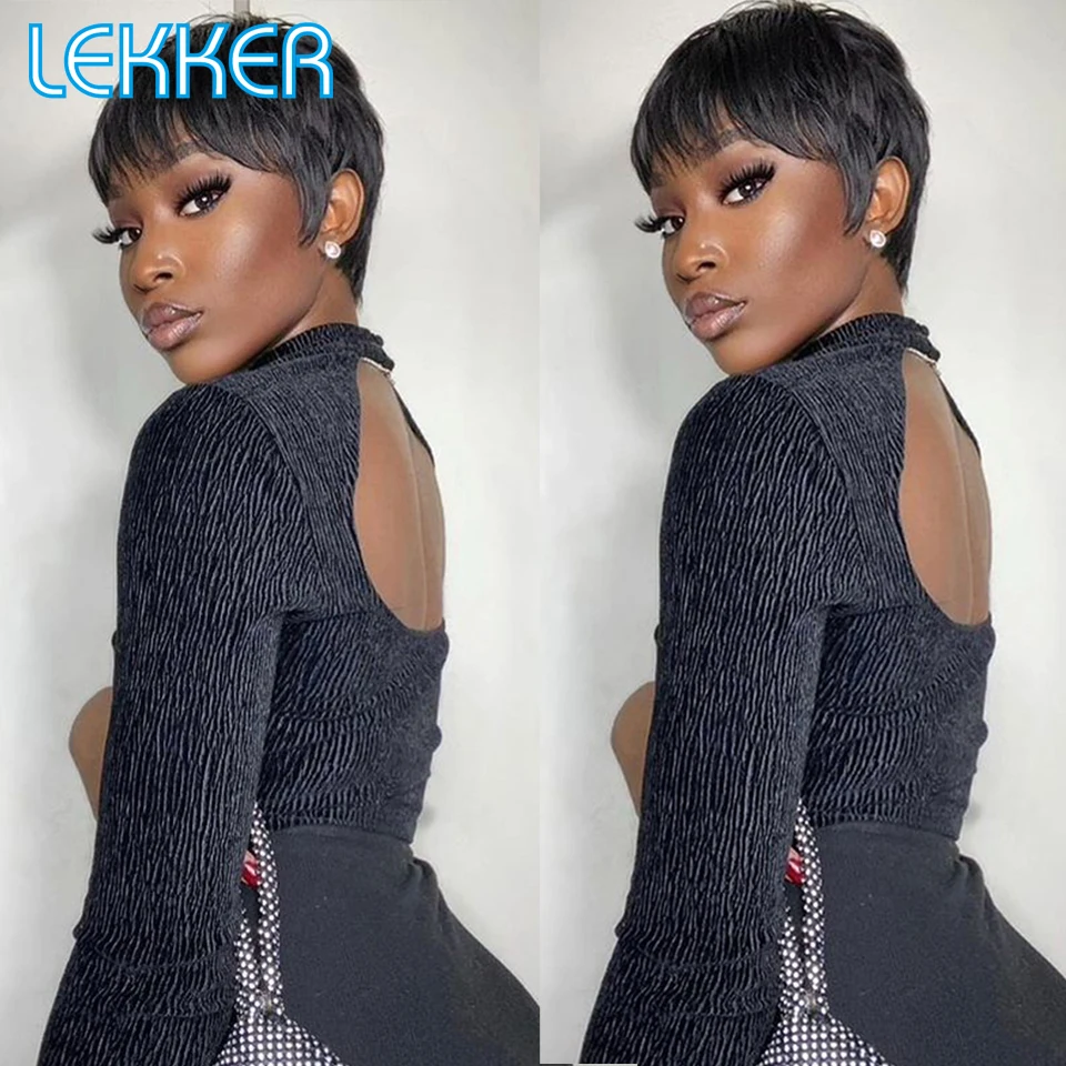 Lekker Short Straight Pixie Bob Human Hair Wig With Bangs For Women Colored Brazilian Remy Natural Hair Ombre Brown Burg Red Wig human hair wigs