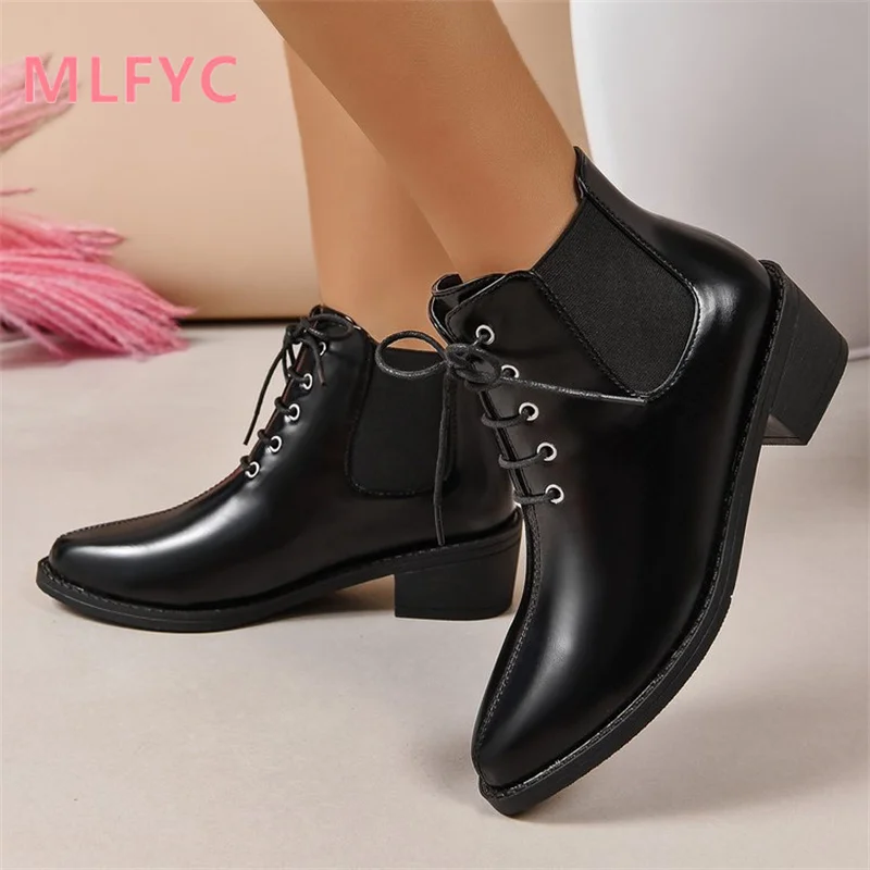 Women's New Foreign Trade Large Size Boots Female Trendy Mid Barrel Pointed Thick Heel Boots Ladies Simple Fashion Short Boots