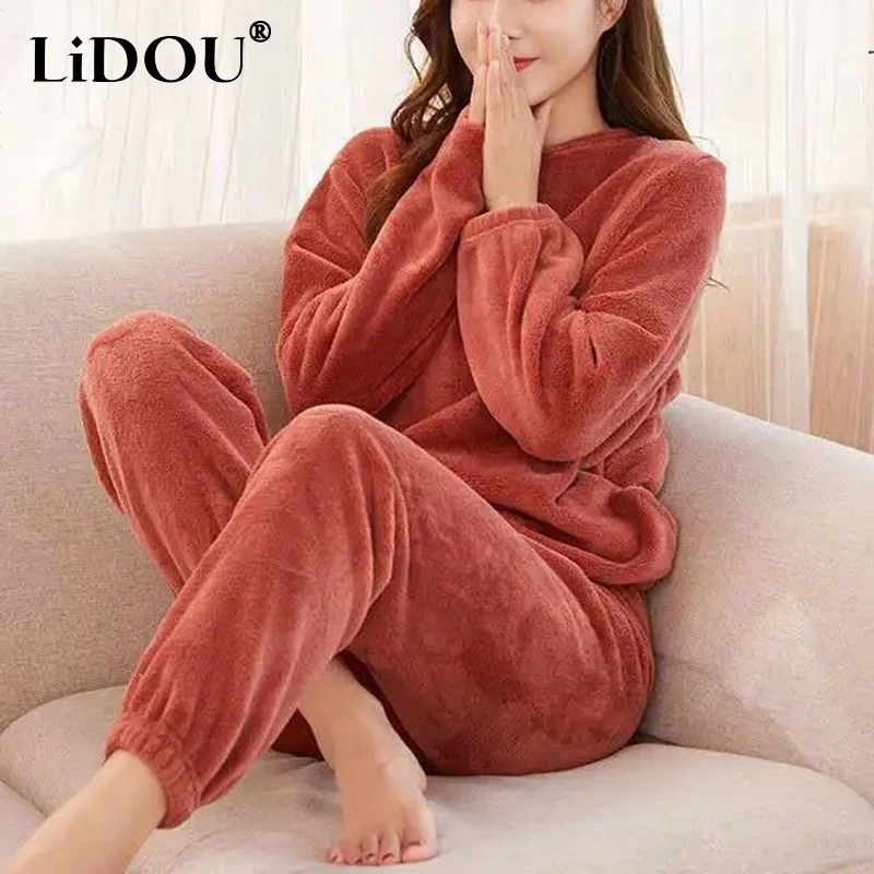 Autumn Winter O Neck Loose Casual Thick Warm Homewear Suit Lady Comfortable Solid Color Add Velvet Pajama Sets Women's Clothing