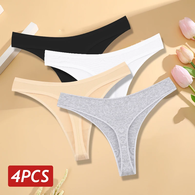 4PCS/Set Seamless Cotton Panties for Women Sexy Low Rise Thong G-String Panty Female V-Waist Breathable Underwear Soft Lingerie