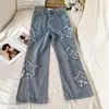High-Waist Straight-Leg Denim Jeans with Star Patch – Loose Korean Style