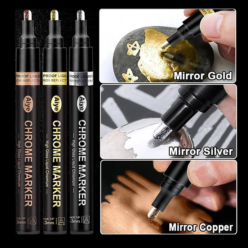 1Pc 3 Color Mirror Electroplating Marker Gold Silver Copper Model Toy Repair Liquid Chrome Pen DIY Reflective Metal Paint Pen Paint Marker Pen Mirror Marker Pens Paint Pen Marker Pens