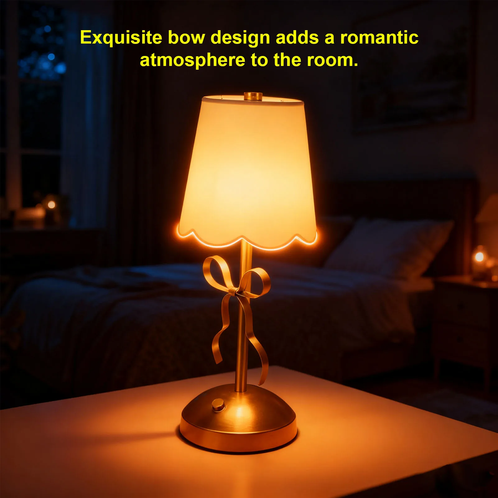 Bow Table Lamp with Fabric Shade Cute Decorative Metal Rechargeable Cordless Bedside Lamp for Bedroom Cute Bedside Touch Lamp