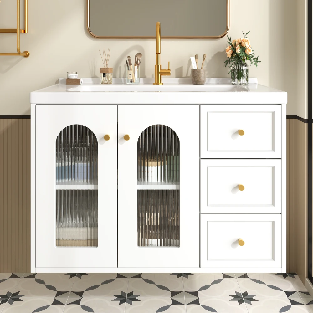 80 cm Schwebender Multifunktionaler Badezimmerschrank, MDF-Platte, Großes Stauraumvolumen, Mit Keramik-Waschbecken – Detail 12