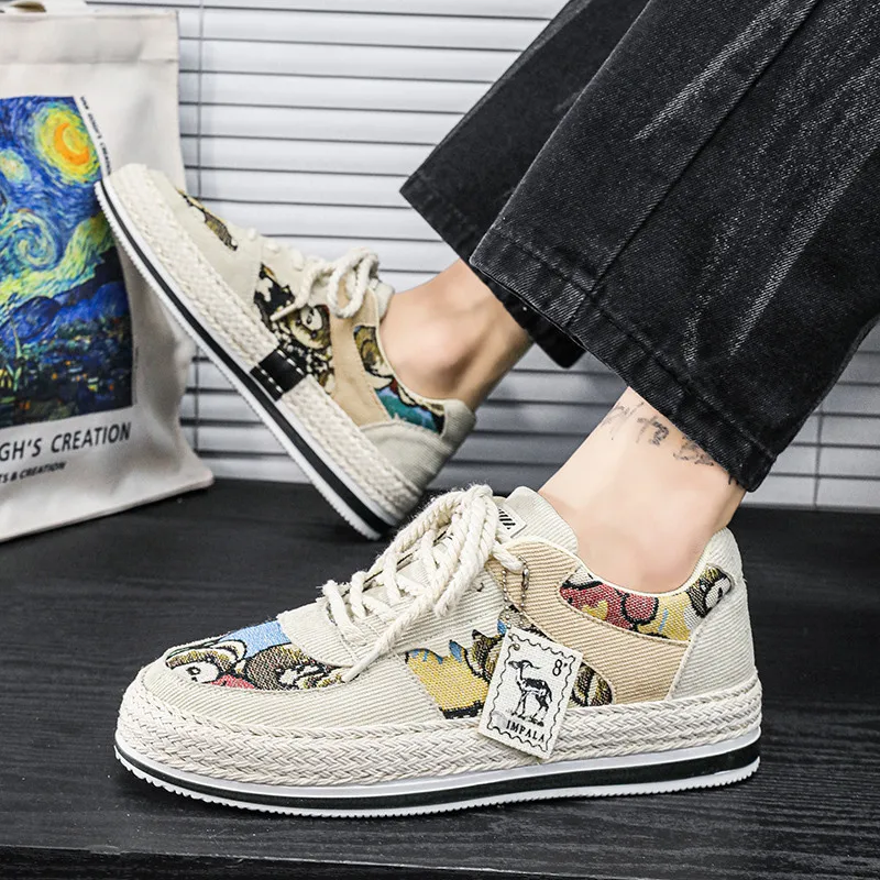 2025 Spring New Embroidery Men's Fisherman Shoes Comfortable Breathable Casual Shoes For Men Low Top Flat Skateboard Shoes Male 4