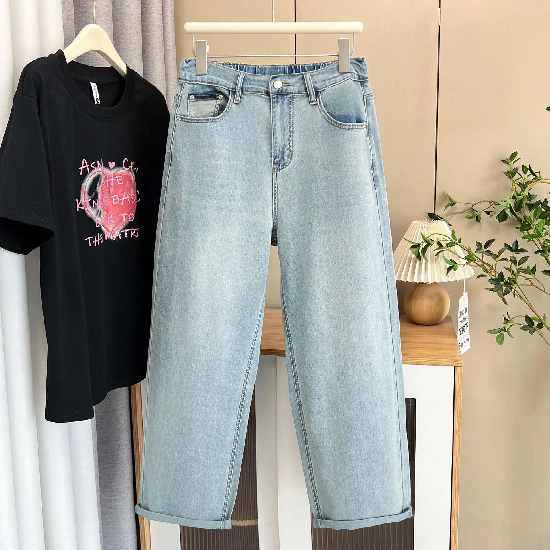 100KG 2025 Plus Size Straight Jeans Women's Wear Premium Boyfriend Style Casual Thin Denim Wide Leg Pants 5328