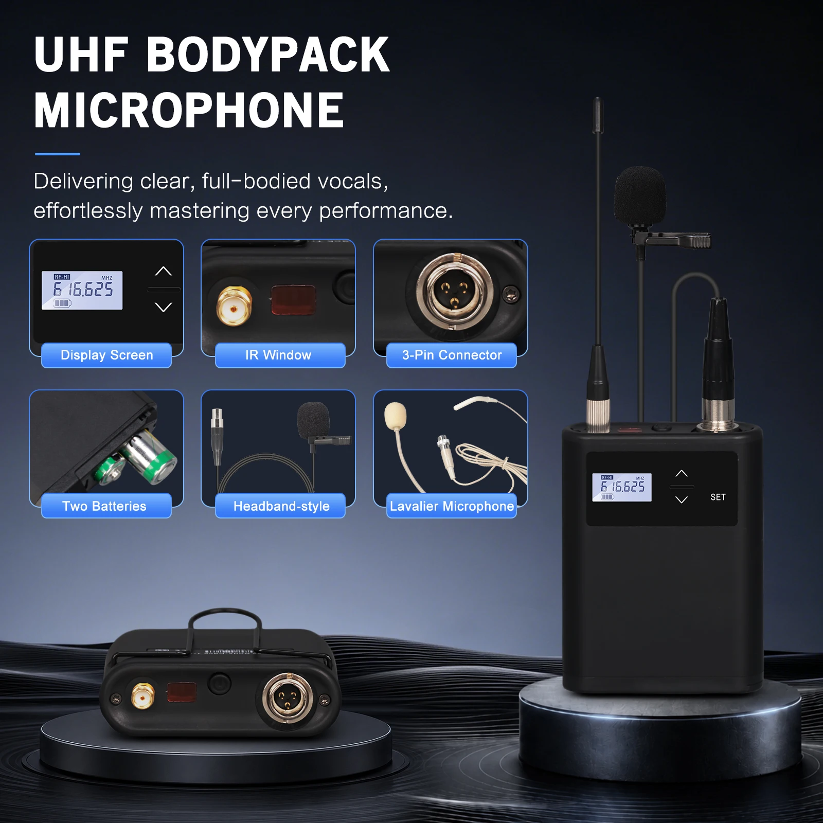 GOOERMI XD04 UHF 무선 마이크 시스템 260피트 장거리 핸드헬드 라발리에 마이크, 가라오케, 교회, 결혼식, 무대 연설용