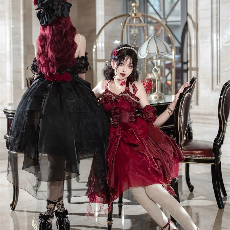 

JSK Rose Lace Bow Burgundy Train Romantic Elegant Gauze Lolita Princess Dress Net Hanging Neck