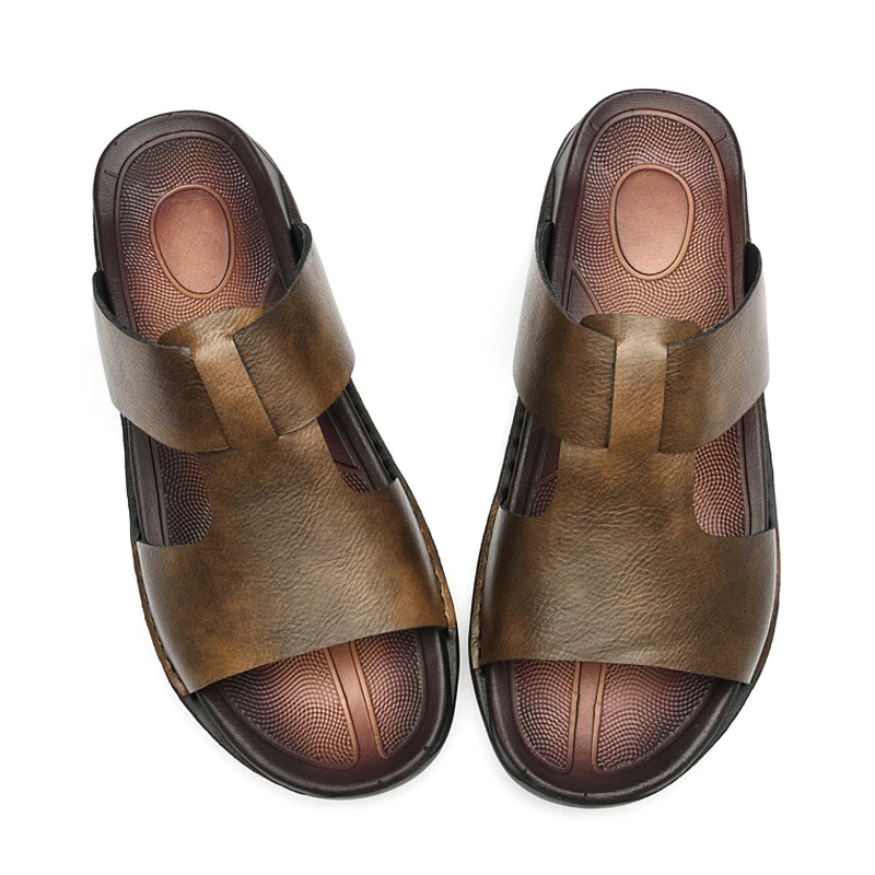 Soft Slippers Summer Slippers Anti Slip Sandals Men Shoes Mens Slip on Shoes Genuine Leather Slippers Summer Antiskid Beach Luxury Sandals Non-slip Men's Casual Sandal Soft Penny Shoes