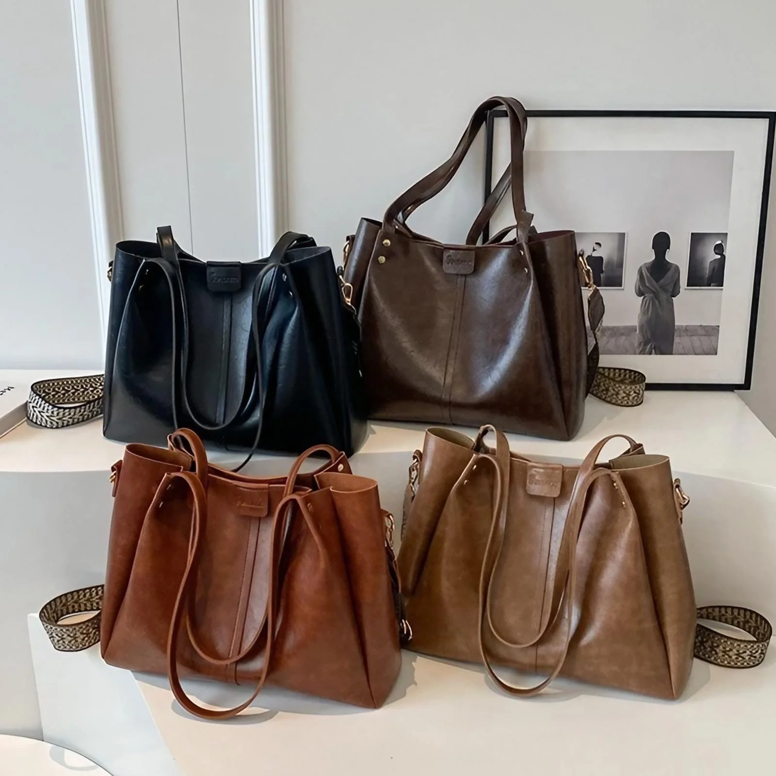 Large capacity PU leather shoulder bag with multi compartments, lightweight, waterproof, and stylish for everyday use.4 colors