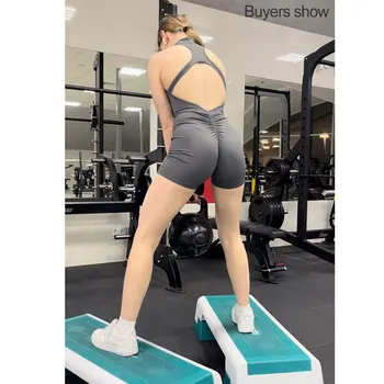 dos nu Yoga combinaison ensemble short et haut femmes fermeture éclair GYM siamois vêtements de sport Fitness une pièce sport costume entraînement combishort