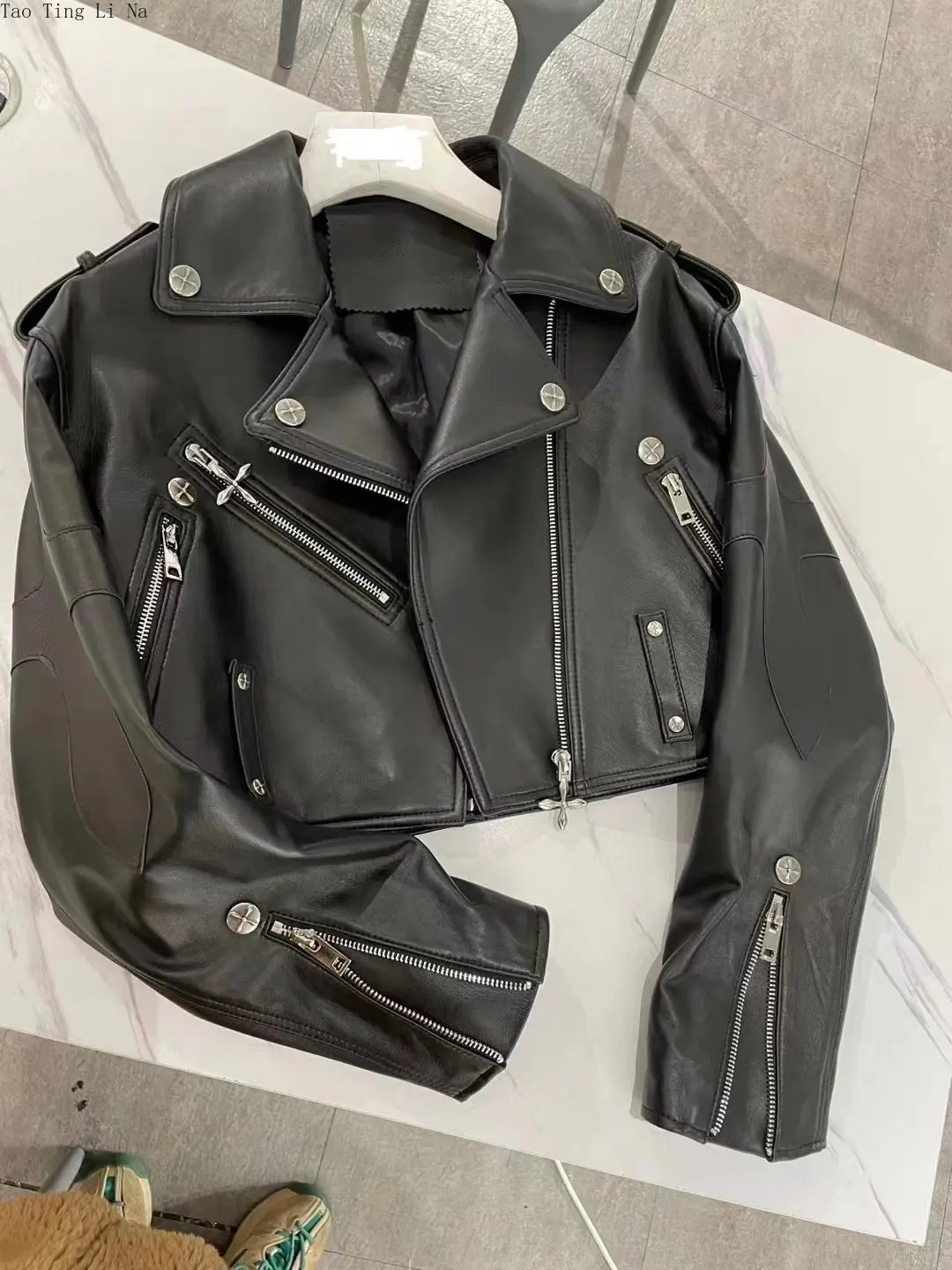 2023 Women Spring Midnight Motorcycle Genuine Sheep Leather Jacket Slim Real Sheepskin Leather Coat G7
