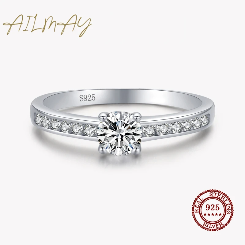 Ailmay Authentic 925 Sterling Silver Classic Simple Round Shape High Quality Cz Rings For Women