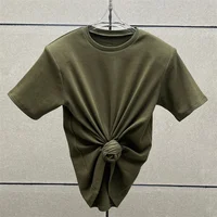 T-shirt femme 2025 été nouveau haut à manches courtes tricoté élastique fleur 3D décoré col rond pull pur coton haut court 2