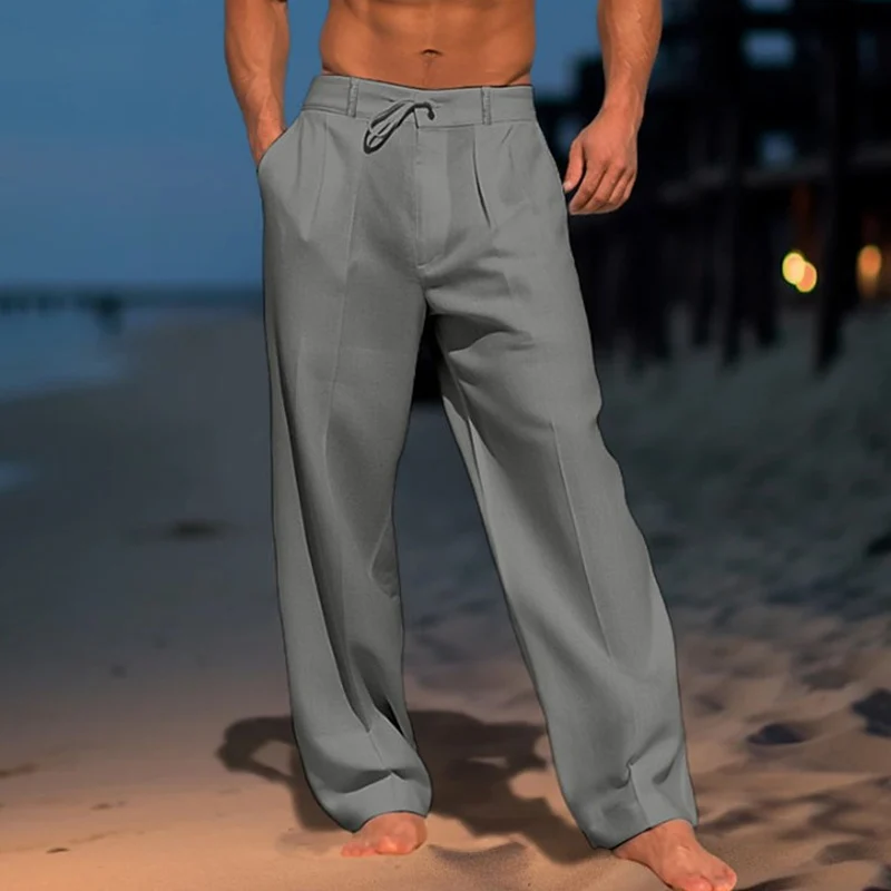 Pantalones De Lino Y Algodón Para Hombre - Cintura Elástica Con Cordón, Transpirables, Ideales Para Verano